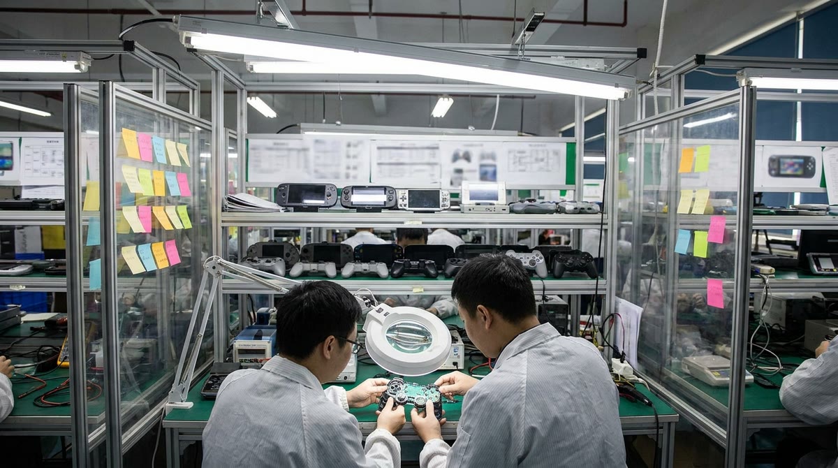 Nhân viên kiểm thử quan sát thiết bị và linh kiện trong phòng QA