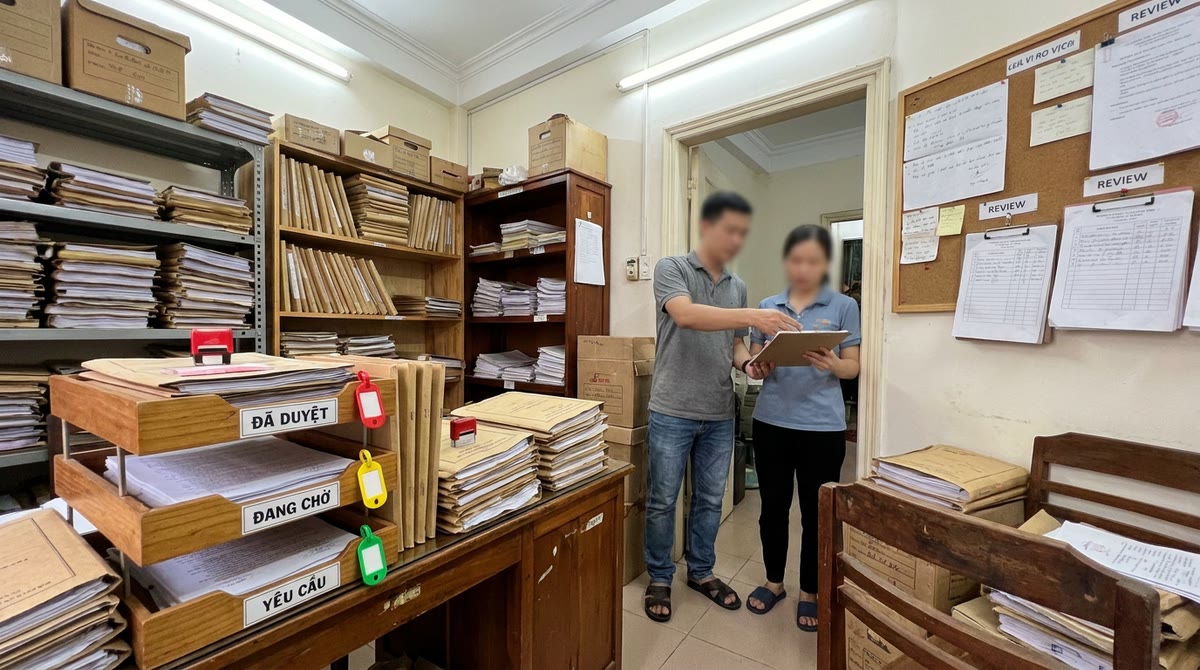 Phòng lưu trữ nhỏ với hồ sơ giấy, khay phân luồng và hai nhân viên đang trao đổi