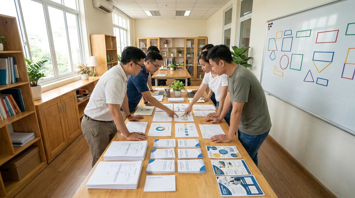 Nhóm làm việc xem phiếu CRM, mẫu quảng cáo in và bảng quy trình trên tường