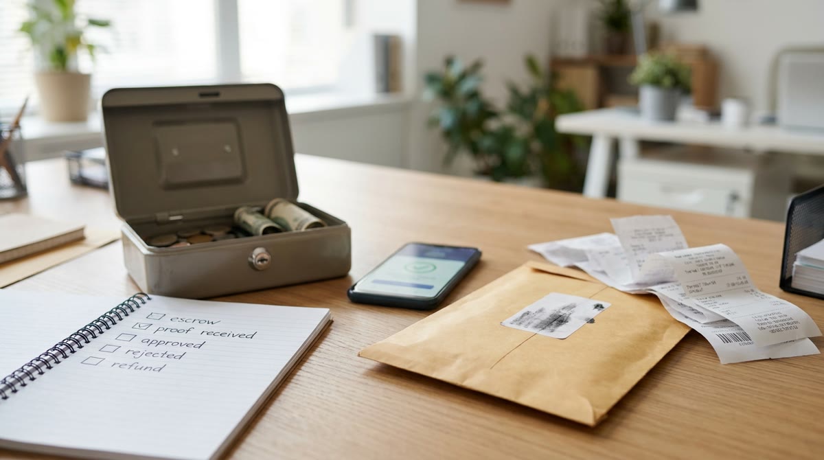 Bàn xác nhận thanh toán với phiếu giao dịch, hộp tiền và checklist escrow