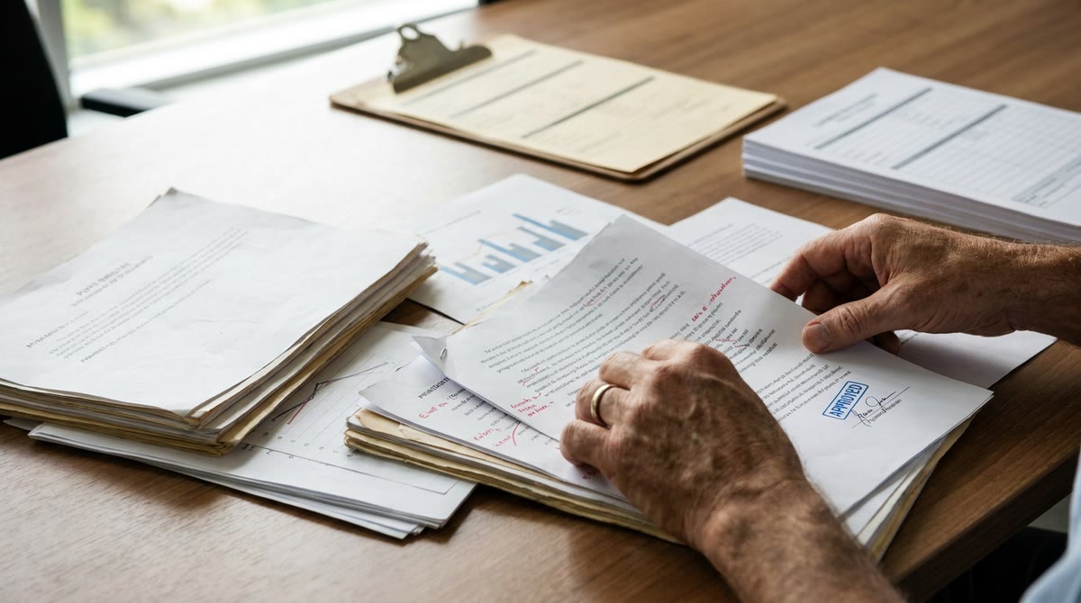 Cận cảnh bàn kiểm duyệt với brief in giấy, ghi chú đỏ và phiếu phê duyệt