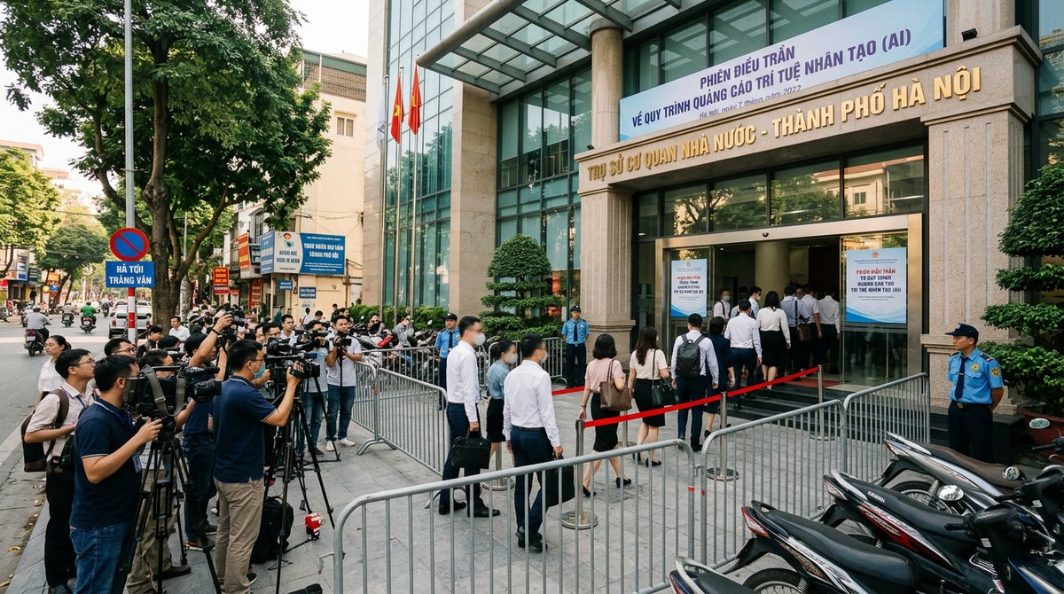 Phóng viên và người đi họp trước tòa nhà công vụ ở Hà Nội