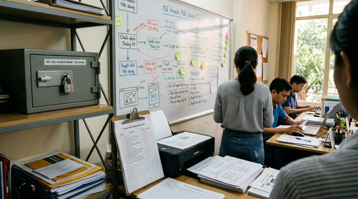 Văn phòng marketing nhỏ với bảng quy trình, hộp khóa dữ liệu và bản in nội dung